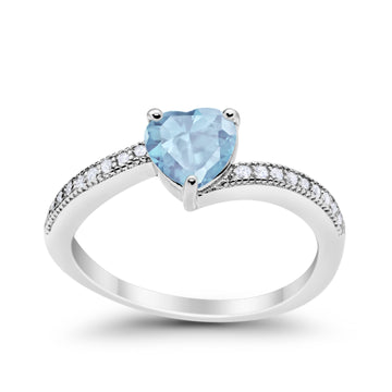 Heart Promise Ring Round Simulated Aquamarine CZ 925 Sterling Silver